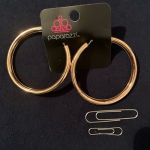 Never worn, gold hoop earrings, lg & sm paper clips used for size reference
